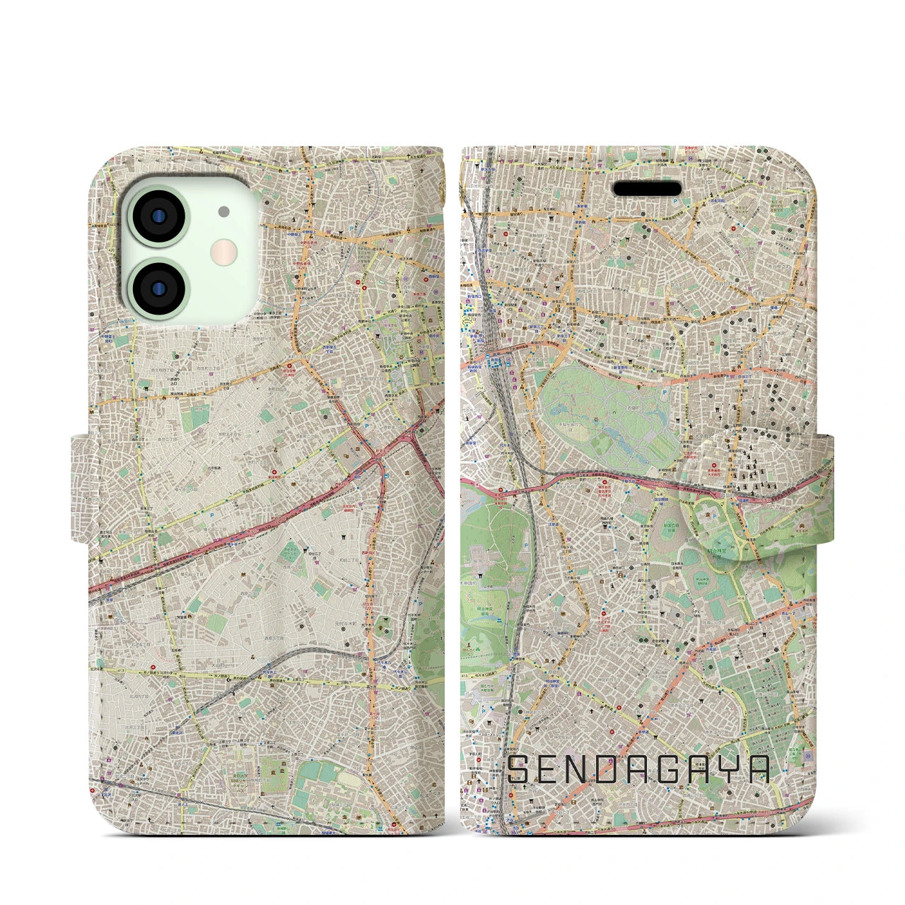 【千駄ケ谷(東京都)】地図柄iPhoneケース(手帳タイプ)ナチュラル・iPhone 12 mini 用