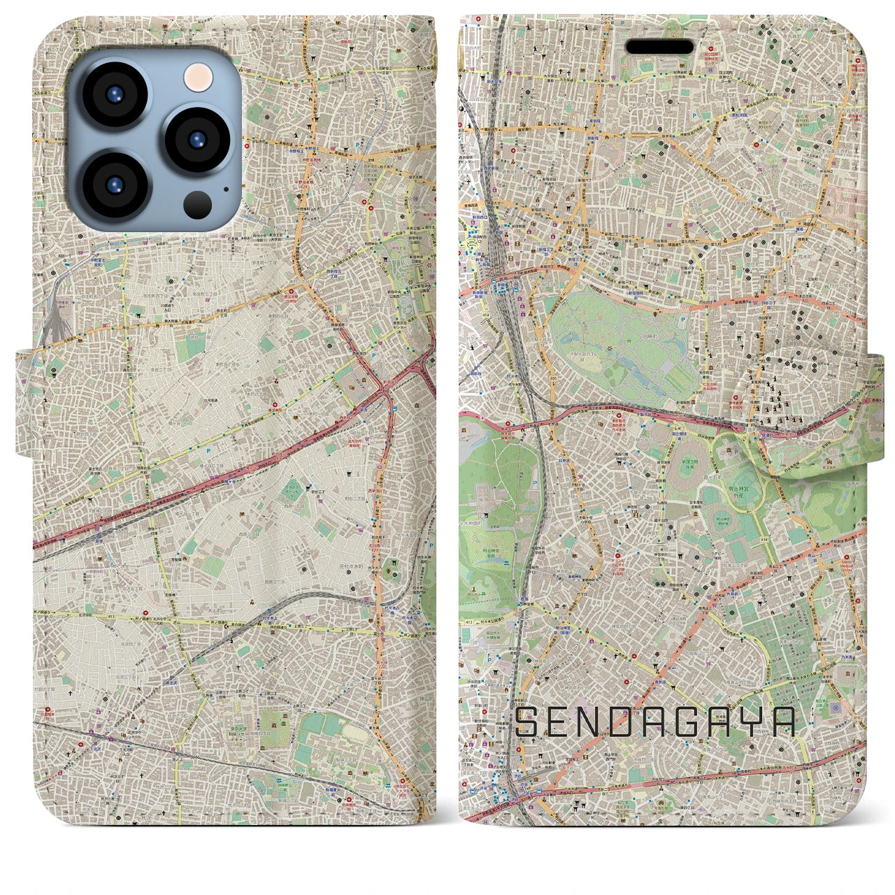 【千駄ケ谷(東京都)】地図柄iPhoneケース(手帳タイプ)ナチュラル・iPhone 13 Pro Max 用