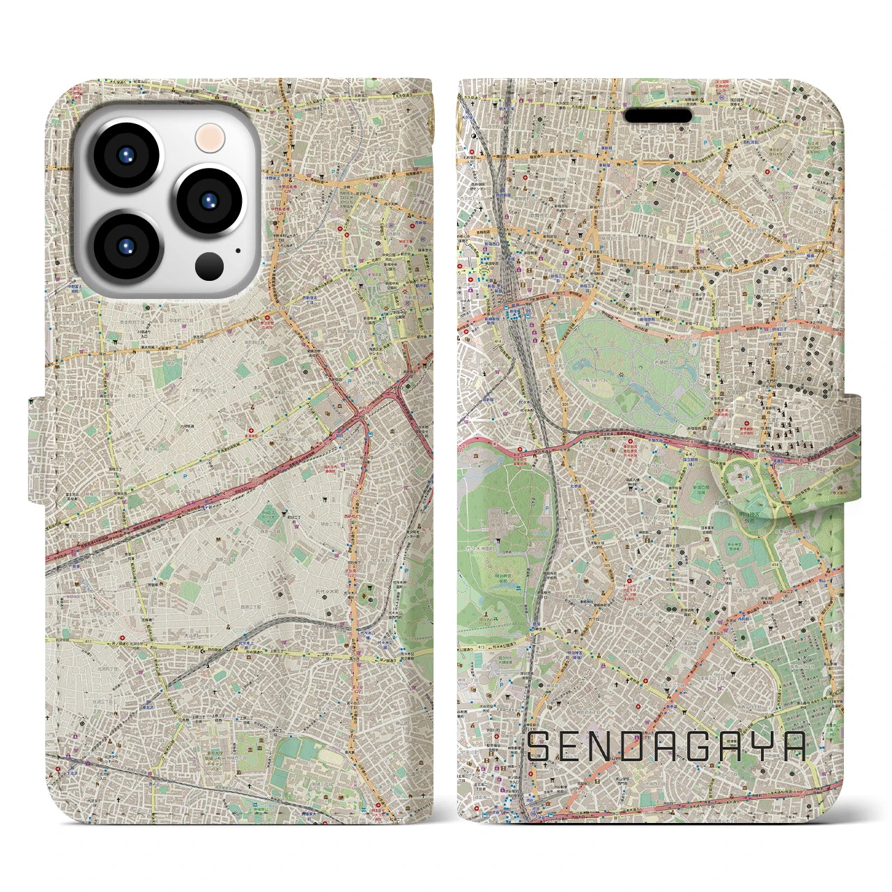 【千駄ケ谷(東京都)】地図柄iPhoneケース(手帳タイプ)ナチュラル・iPhone 13 Pro 用