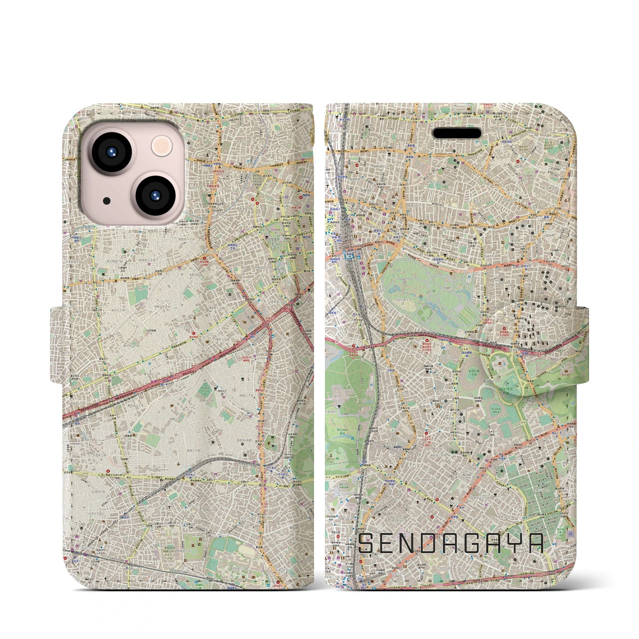 【千駄ケ谷(東京都)】地図柄iPhoneケース(手帳タイプ)ナチュラル・iPhone 13 mini 用