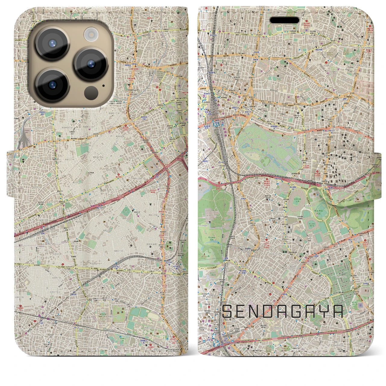 【千駄ケ谷(東京都)】地図柄iPhoneケース(手帳タイプ)ナチュラル・iPhone 14 Pro Max 用