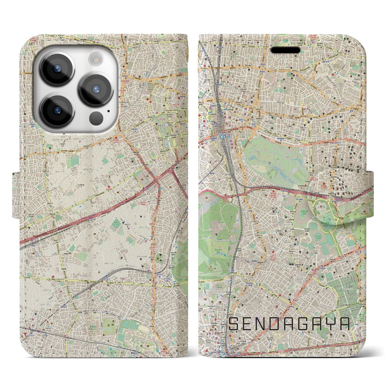 【千駄ケ谷(東京都)】地図柄iPhoneケース(手帳タイプ)ナチュラル・iPhone 14 Pro 用