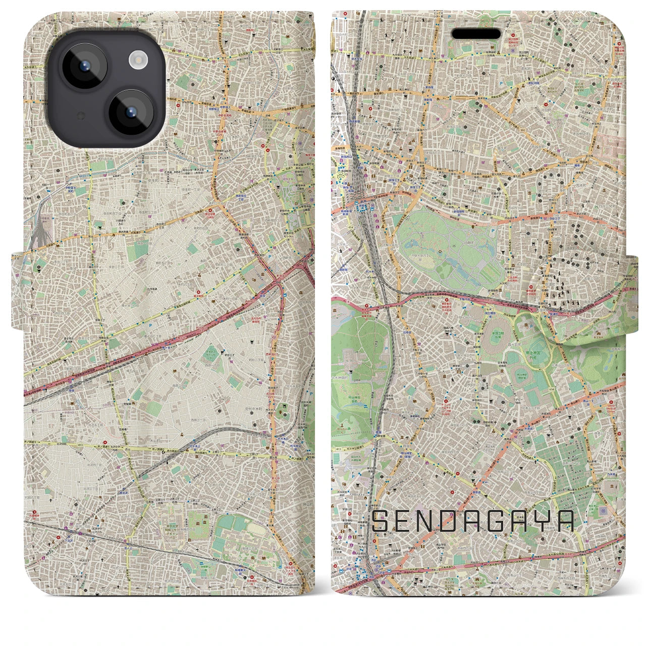 【千駄ケ谷(東京都)】地図柄iPhoneケース(手帳タイプ)ナチュラル・iPhone 14 Plus 用