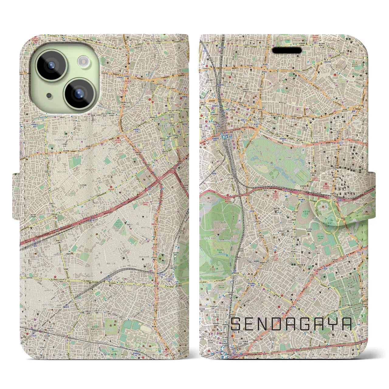 【千駄ケ谷(東京都)】地図柄iPhoneケース(手帳タイプ)ナチュラル・iPhone 15 用