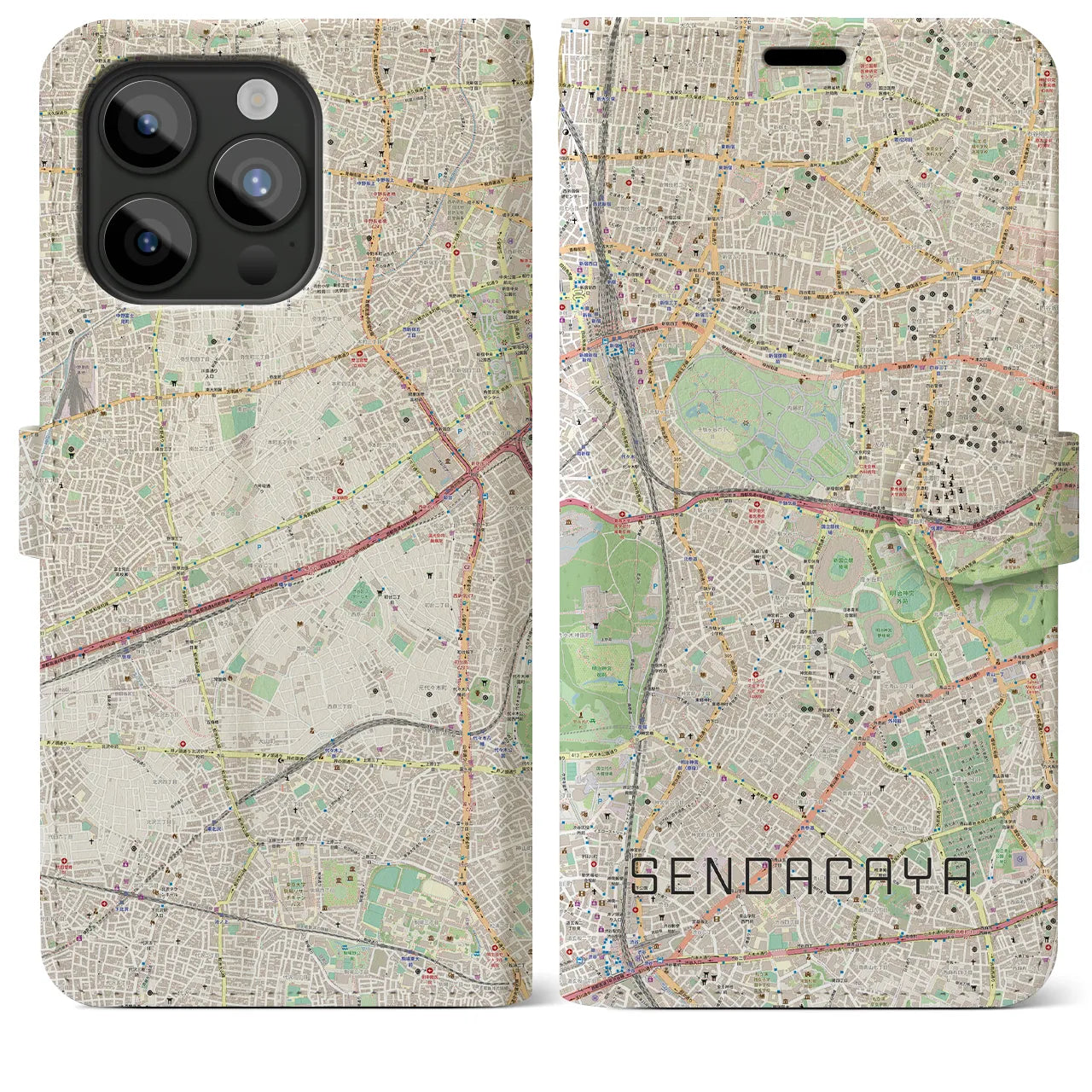 【千駄ケ谷(東京都)】地図柄iPhoneケース(手帳タイプ)ナチュラル・iPhone 15 Pro Max 用