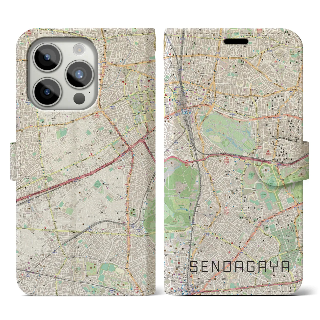 【千駄ケ谷(東京都)】地図柄iPhoneケース(手帳タイプ)ナチュラル・iPhone 15 Pro 用