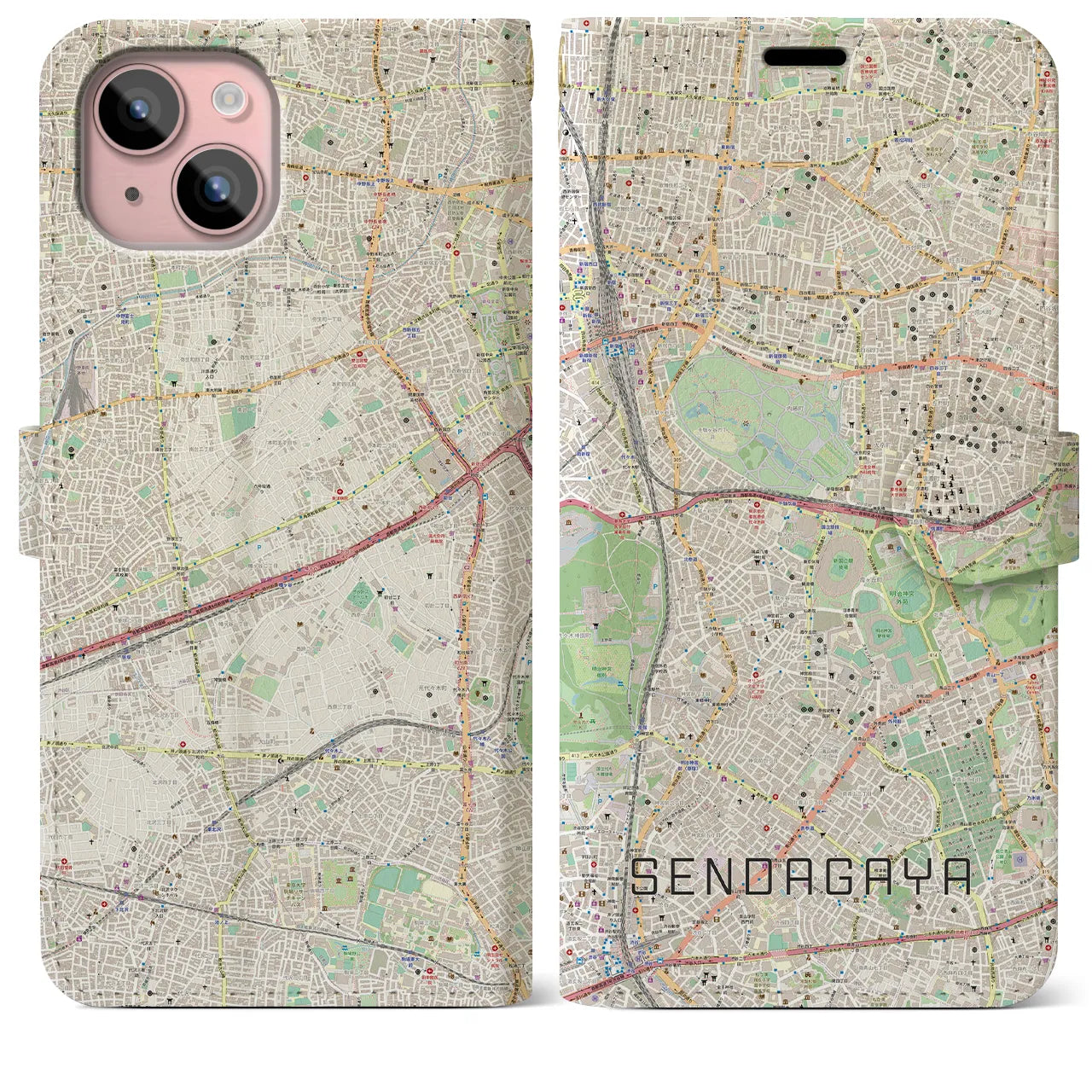 【千駄ケ谷(東京都)】地図柄iPhoneケース(手帳タイプ)ナチュラル・iPhone 15 Plus 用