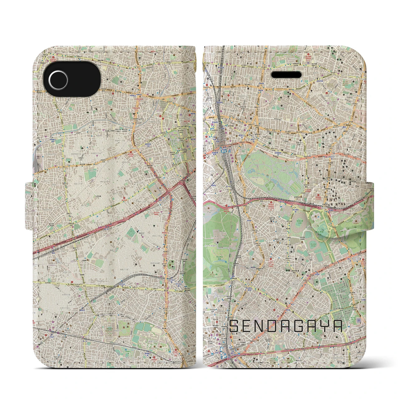 【千駄ケ谷(東京都)】地図柄iPhoneケース(手帳タイプ)ナチュラル・iPhone SE(第3 / 第2世代) / 8 / 7 / 6s / 6 用