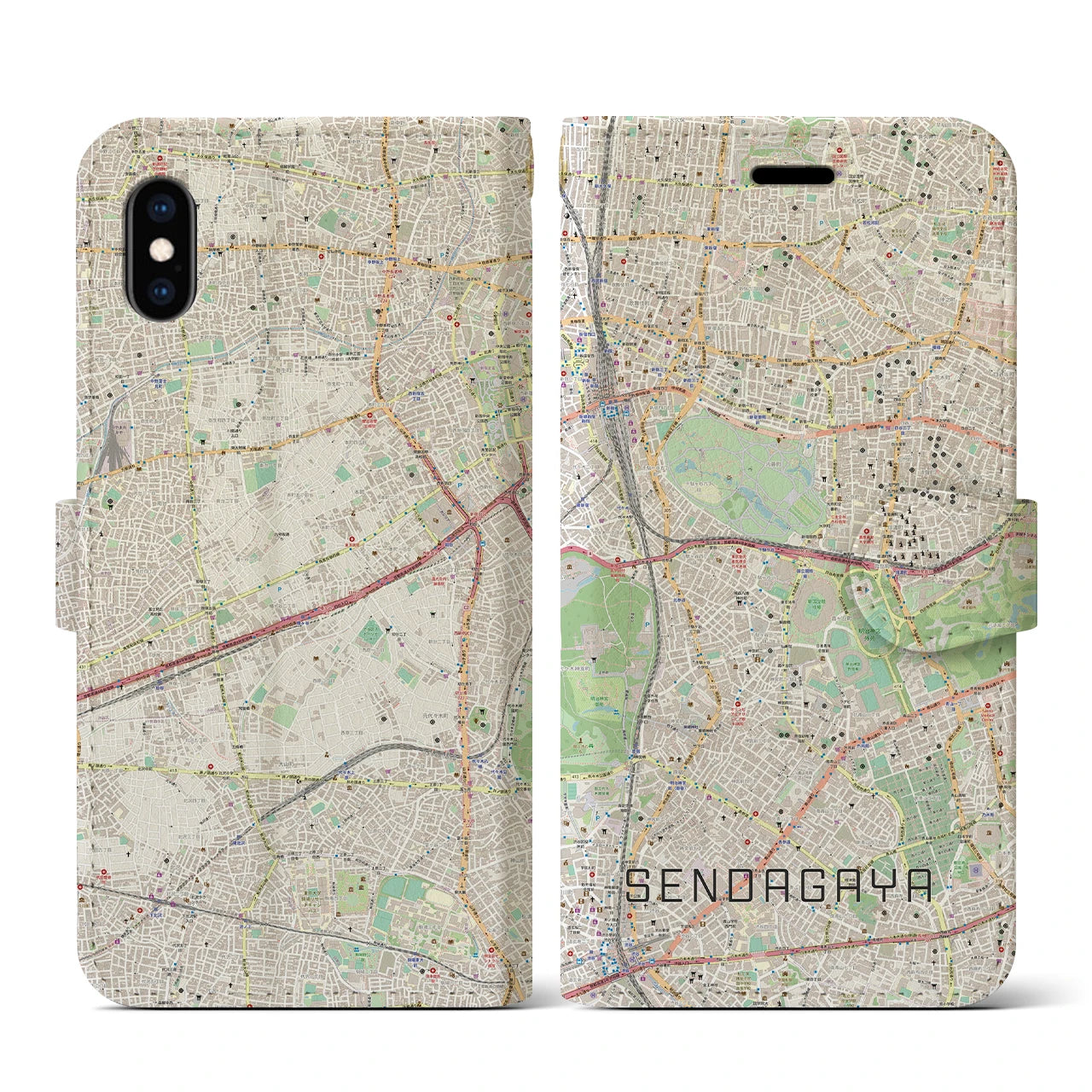 【千駄ケ谷(東京都)】地図柄iPhoneケース(手帳タイプ)ナチュラル・iPhone XS / X 用