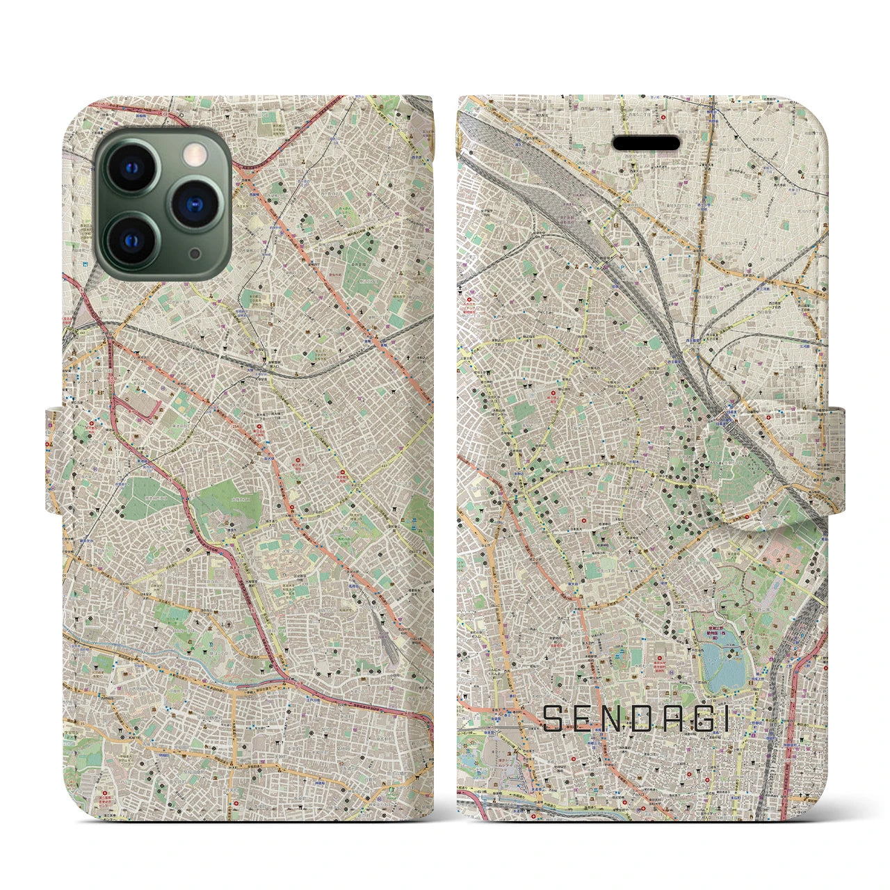 【千駄木(東京都)】地図柄iPhoneケース(手帳タイプ)ナチュラル・iPhone 11 Pro 用