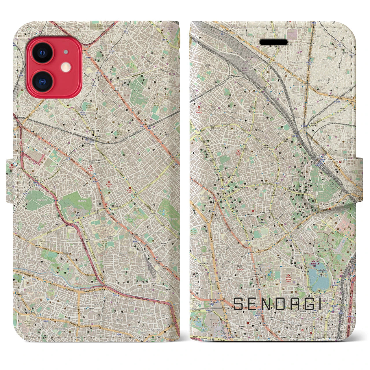 【千駄木(東京都)】地図柄iPhoneケース(手帳タイプ)ナチュラル・iPhone 11 用