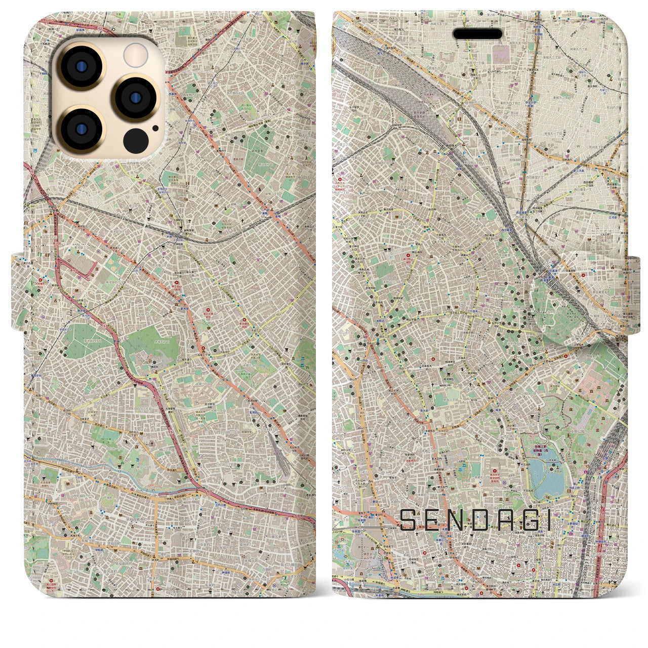 【千駄木(東京都)】地図柄iPhoneケース(手帳タイプ)ナチュラル・iPhone 12 Pro Max 用