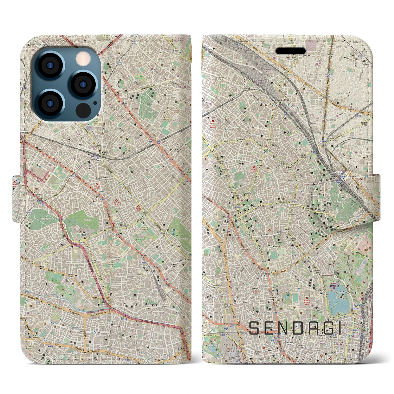 【千駄木(東京都)】地図柄iPhoneケース(手帳タイプ)ナチュラル・iPhone 12 / 12 Pro 用