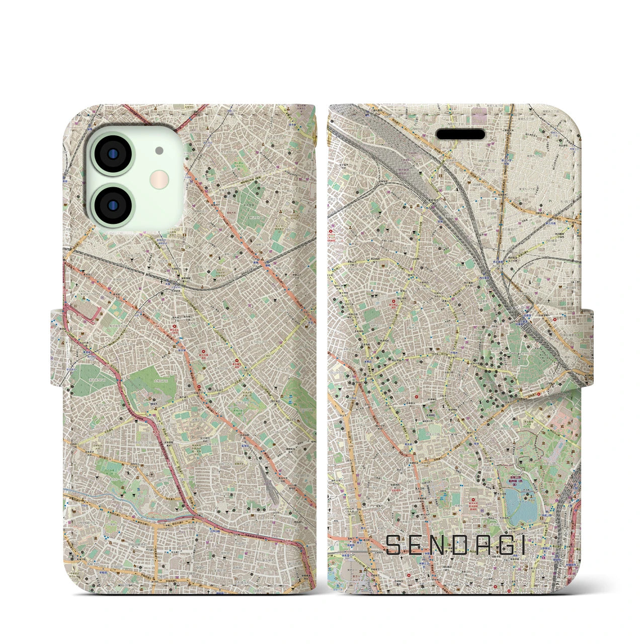 【千駄木(東京都)】地図柄iPhoneケース(手帳タイプ)ナチュラル・iPhone 12 mini 用