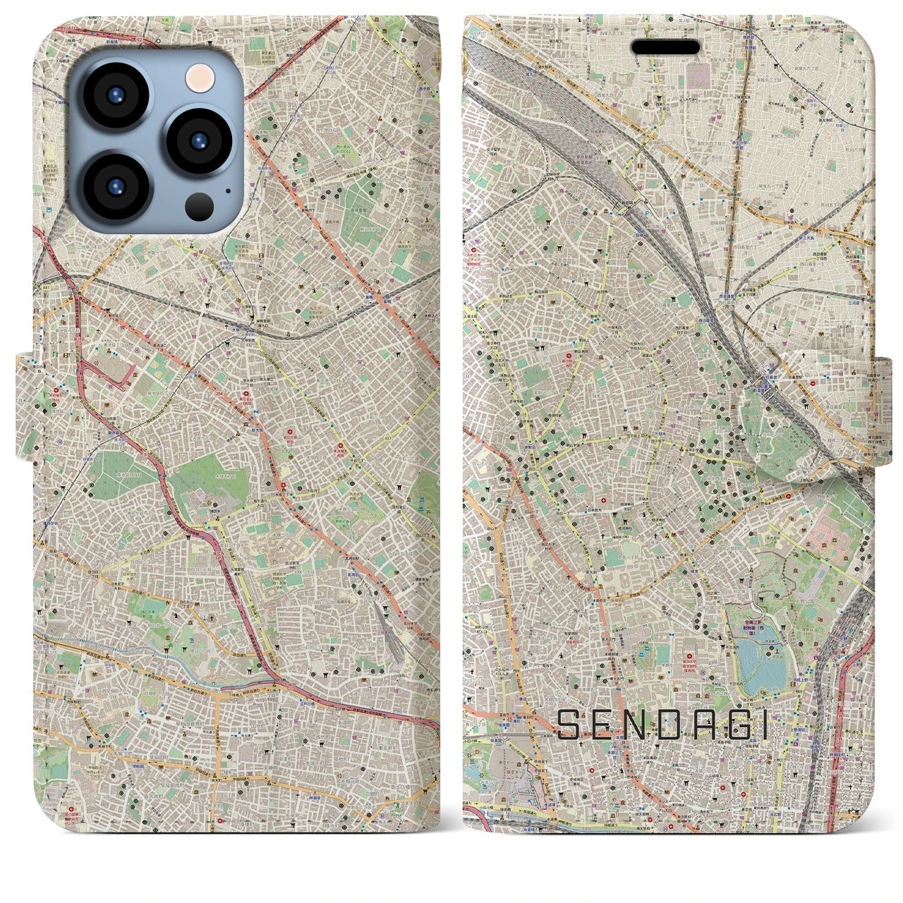 【千駄木(東京都)】地図柄iPhoneケース(手帳タイプ)ナチュラル・iPhone 13 Pro Max 用