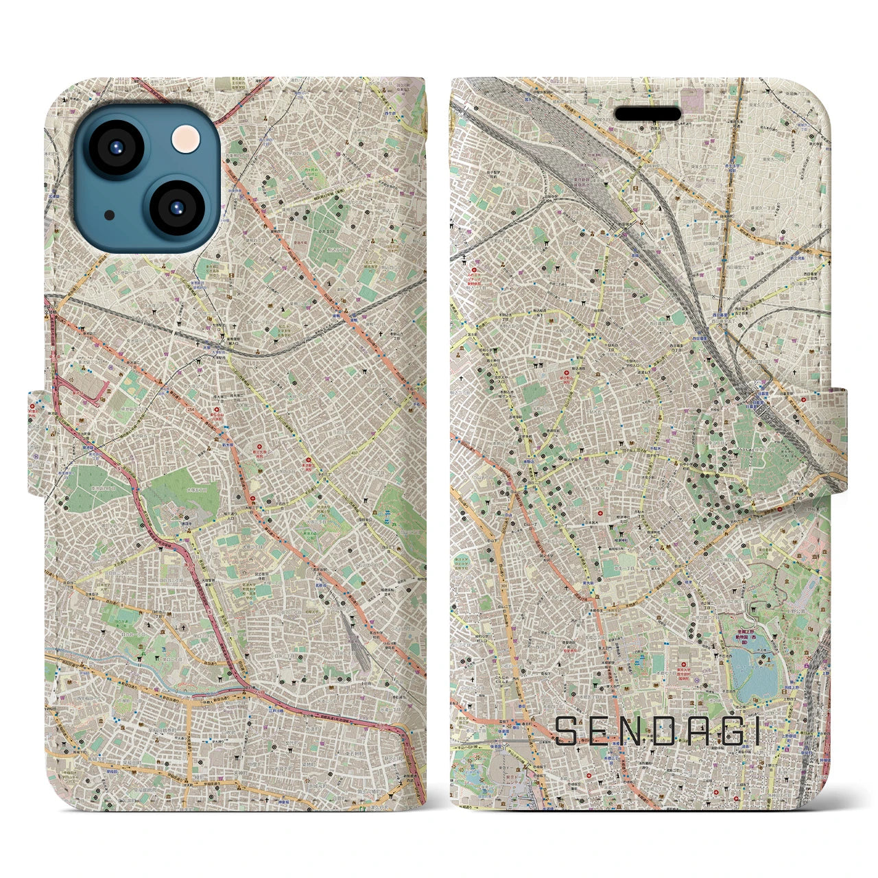 【千駄木(東京都)】地図柄iPhoneケース(手帳タイプ)ナチュラル・iPhone 13 用
