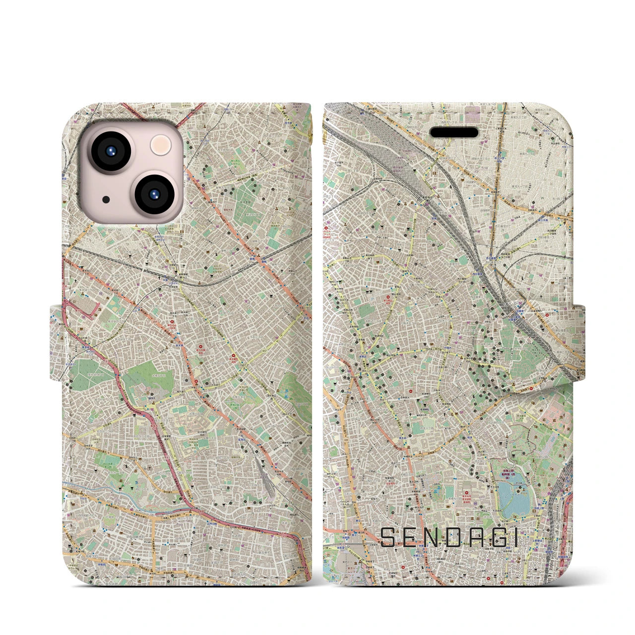 【千駄木(東京都)】地図柄iPhoneケース(手帳タイプ)ナチュラル・iPhone 13 mini 用