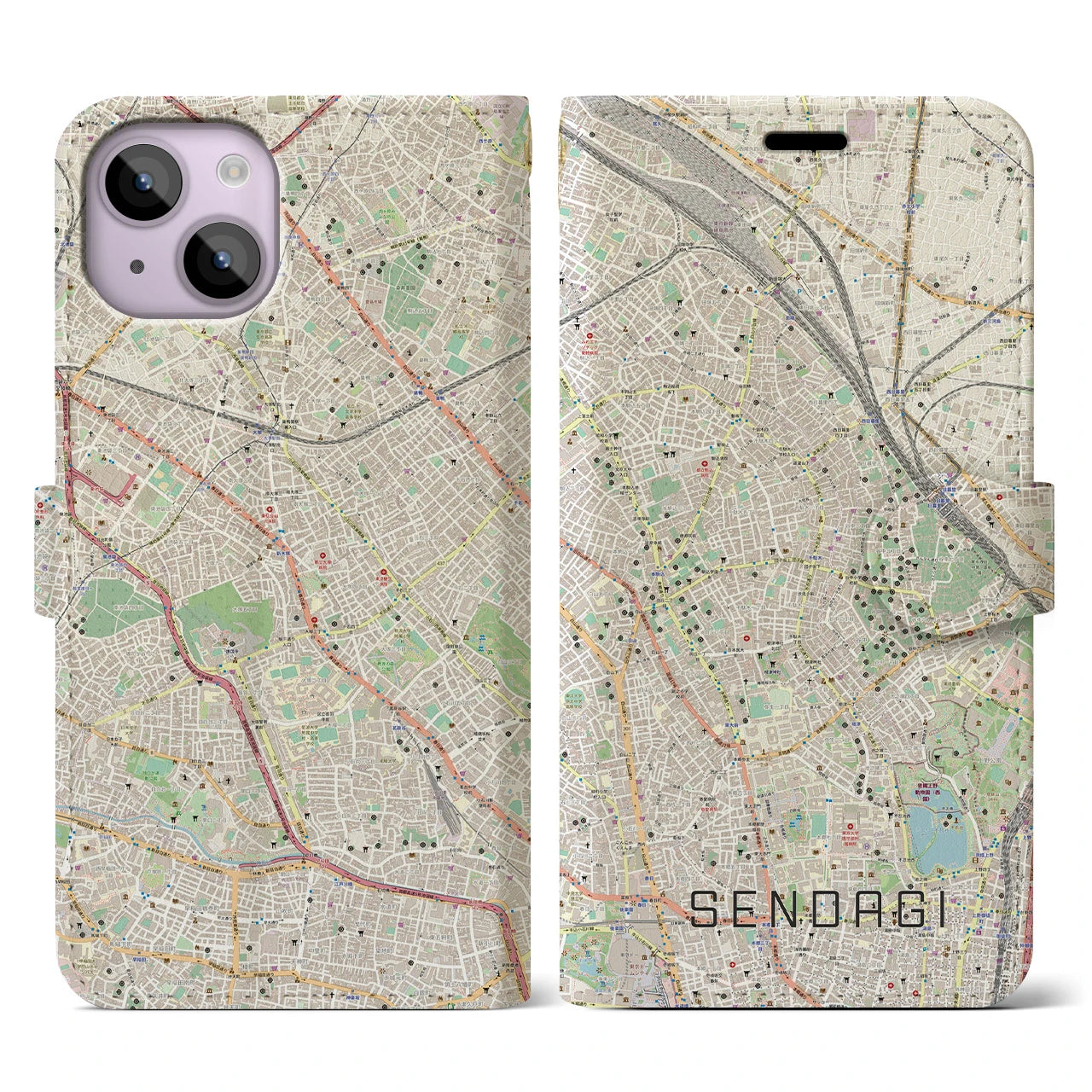 【千駄木(東京都)】地図柄iPhoneケース(手帳タイプ)ナチュラル・iPhone 14 用