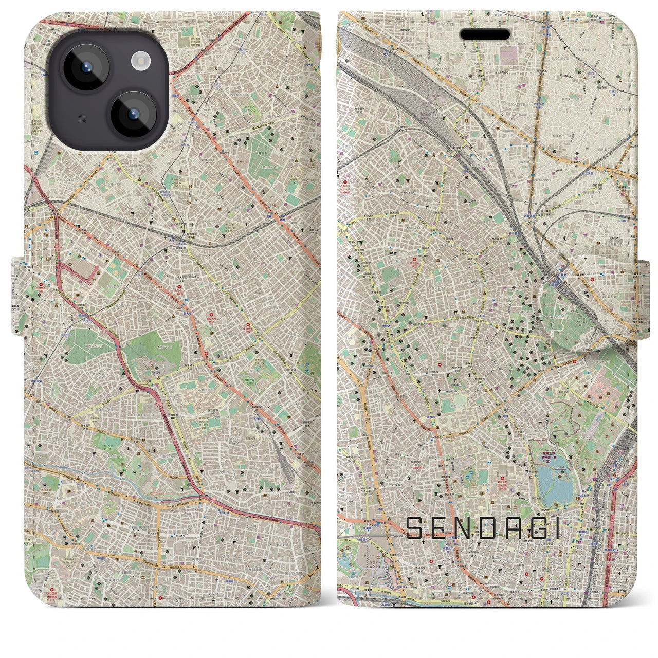 【千駄木(東京都)】地図柄iPhoneケース(手帳タイプ)ナチュラル・iPhone 14 Plus 用