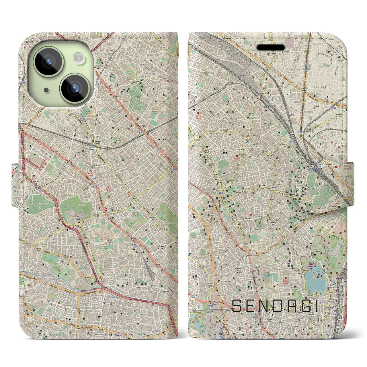 【千駄木(東京都)】地図柄iPhoneケース(手帳タイプ)ナチュラル・iPhone 15 用