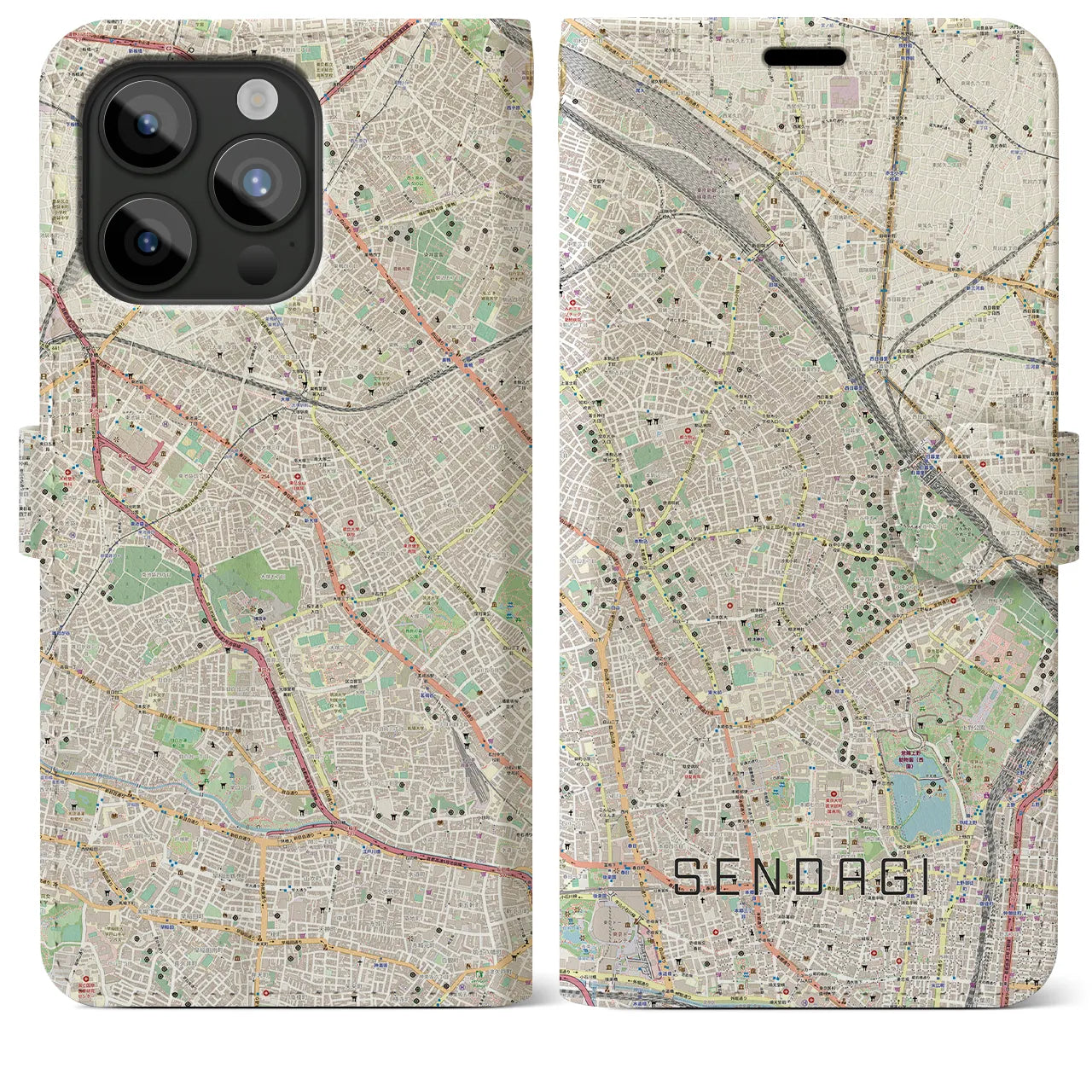 【千駄木(東京都)】地図柄iPhoneケース(手帳タイプ)ナチュラル・iPhone 15 Pro Max 用