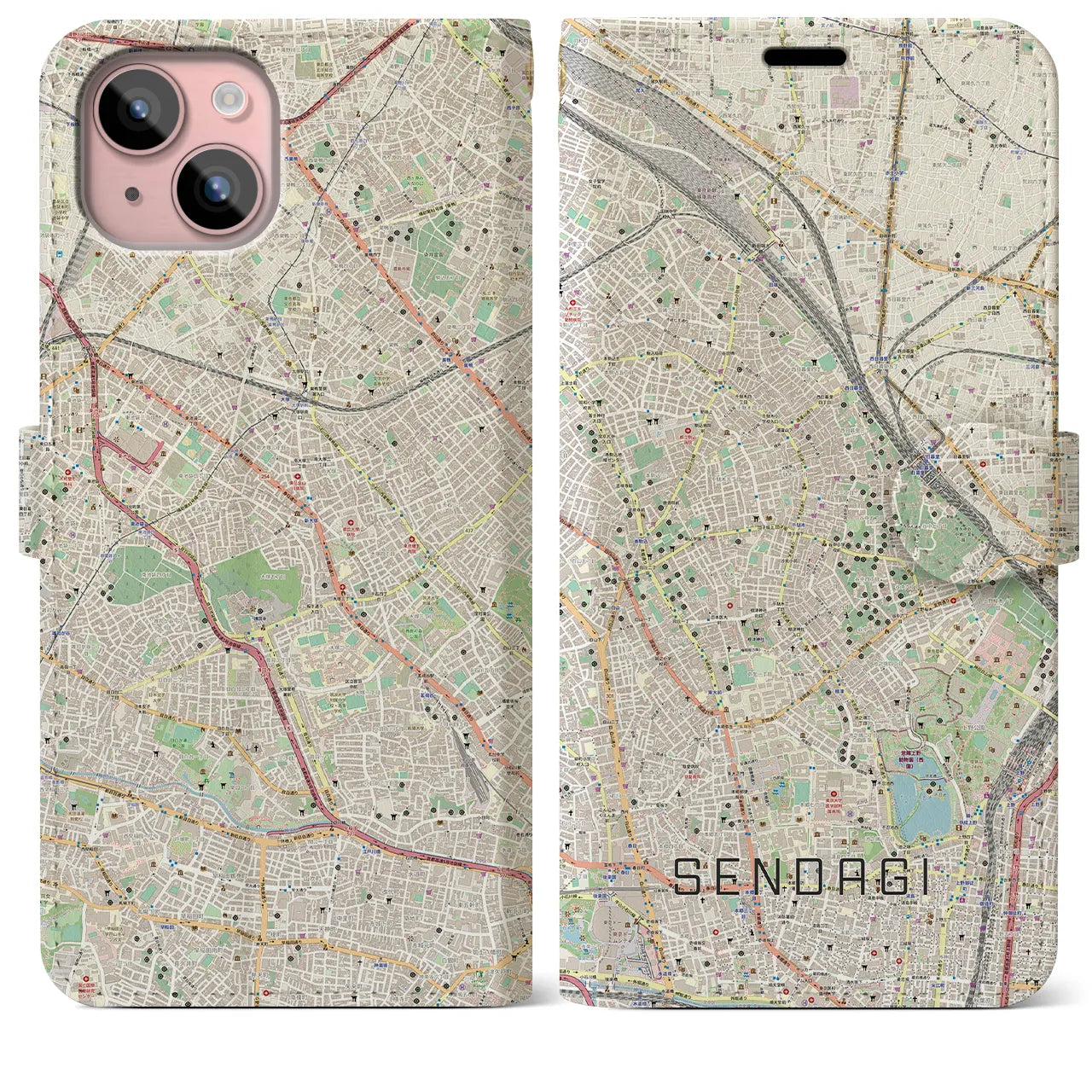 【千駄木(東京都)】地図柄iPhoneケース(手帳タイプ)ナチュラル・iPhone 15 Plus 用