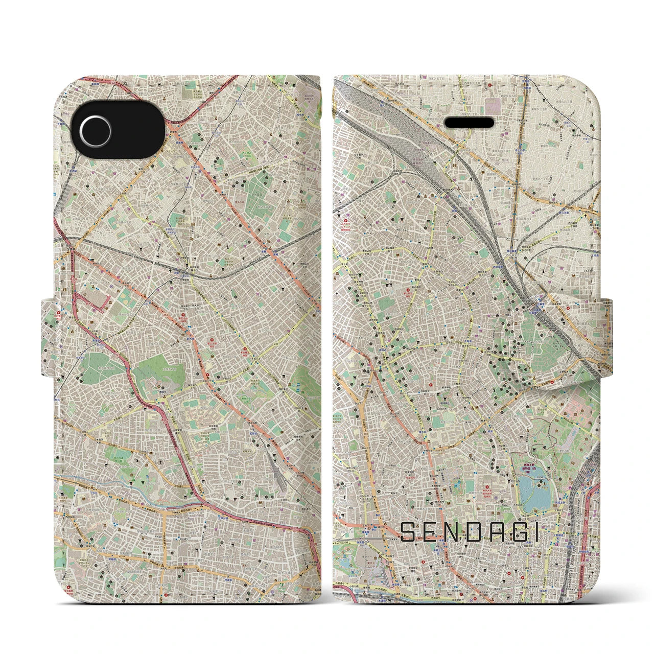 【千駄木(東京都)】地図柄iPhoneケース(手帳タイプ)ナチュラル・iPhone SE(第3 / 第2世代) / 8 / 7 / 6s / 6 用