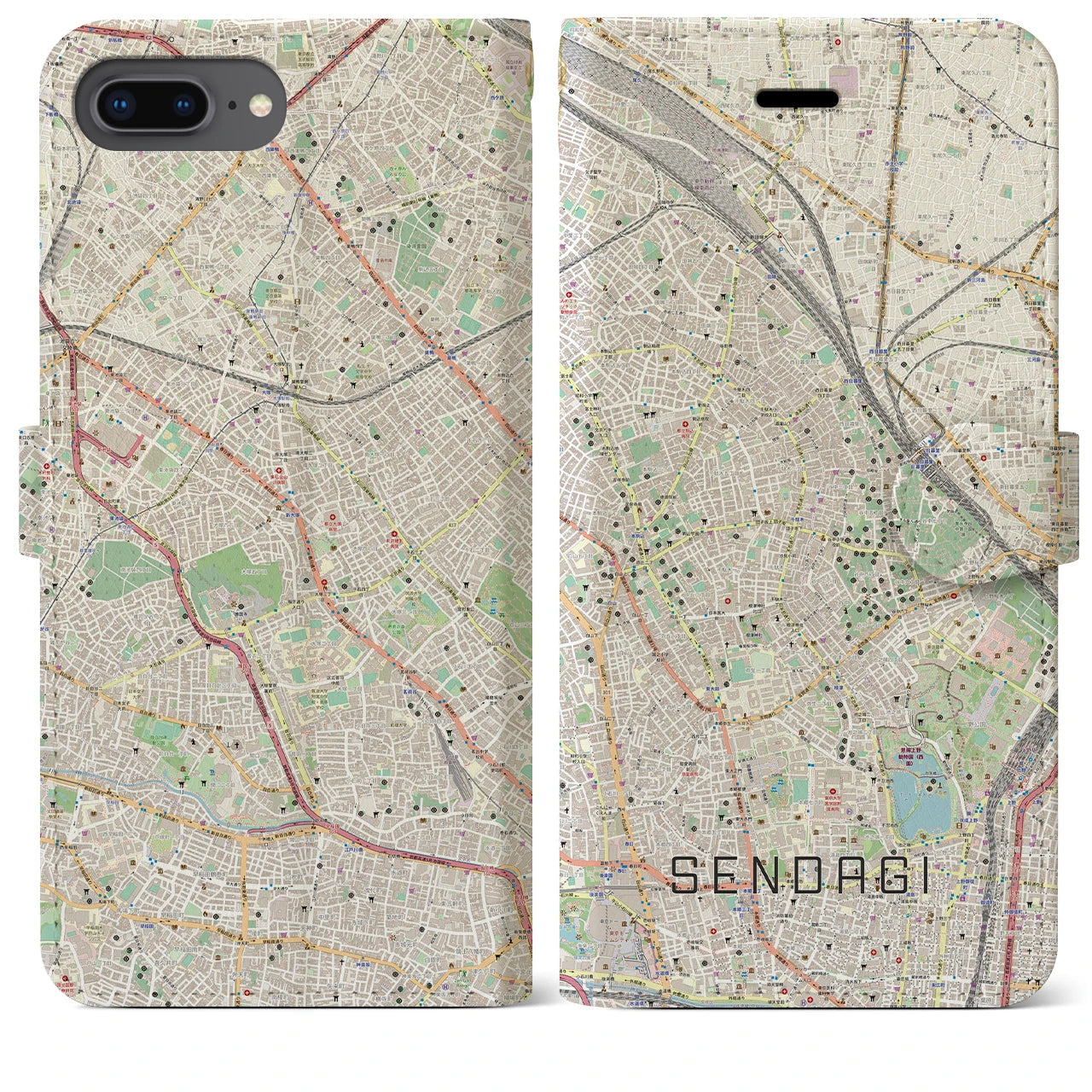 【千駄木(東京都)】地図柄iPhoneケース(手帳タイプ)ナチュラル・iPhone 8Plus /7Plus / 6sPlus / 6Plus 用