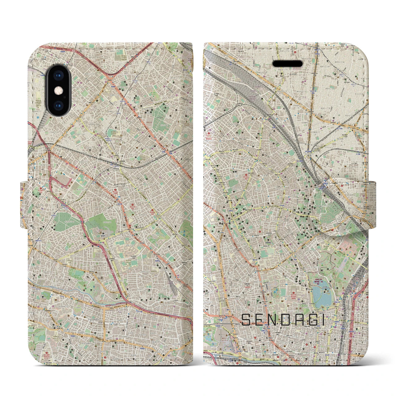【千駄木(東京都)】地図柄iPhoneケース(手帳タイプ)ナチュラル・iPhone XS / X 用