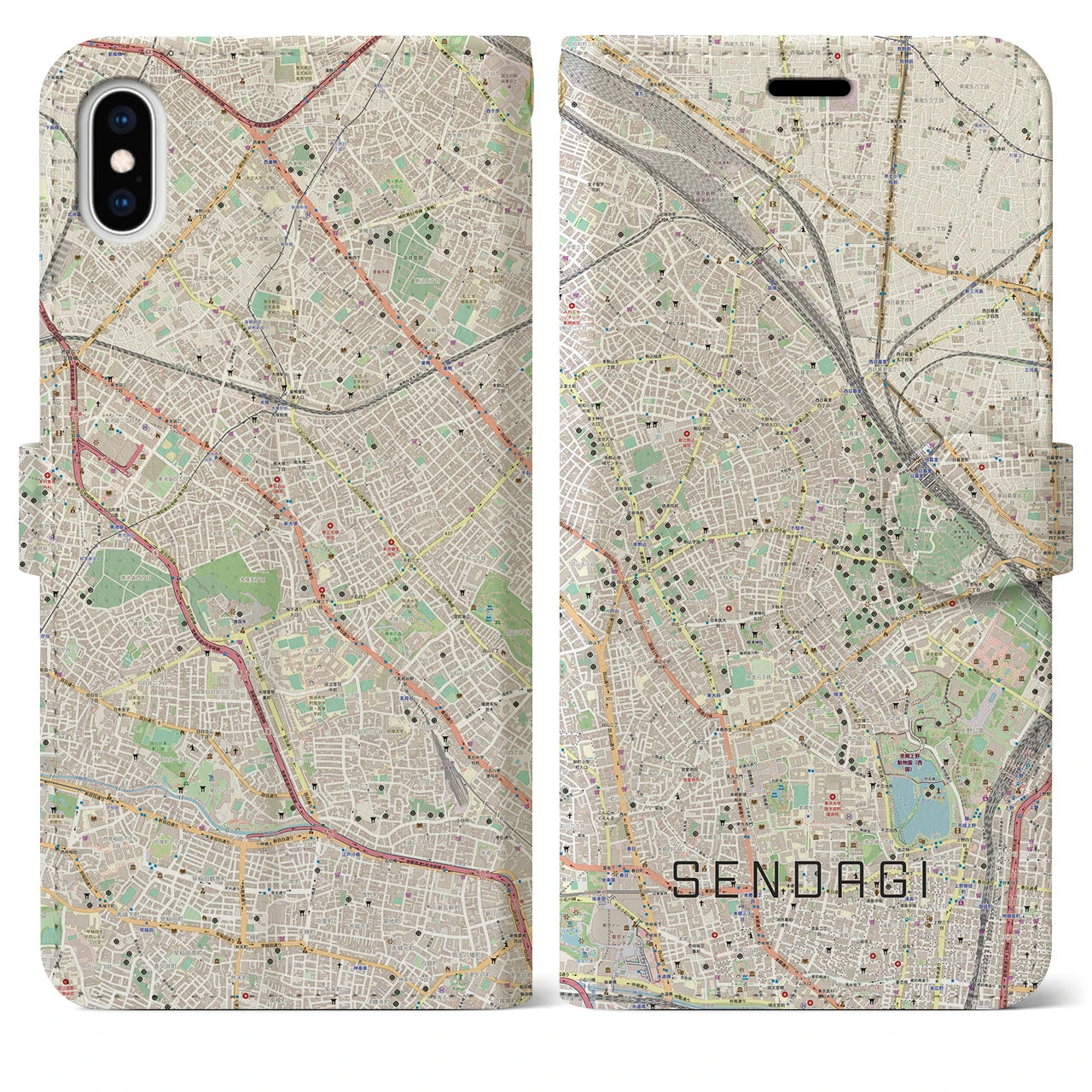 【千駄木(東京都)】地図柄iPhoneケース(手帳タイプ)ナチュラル・iPhone XS Max 用