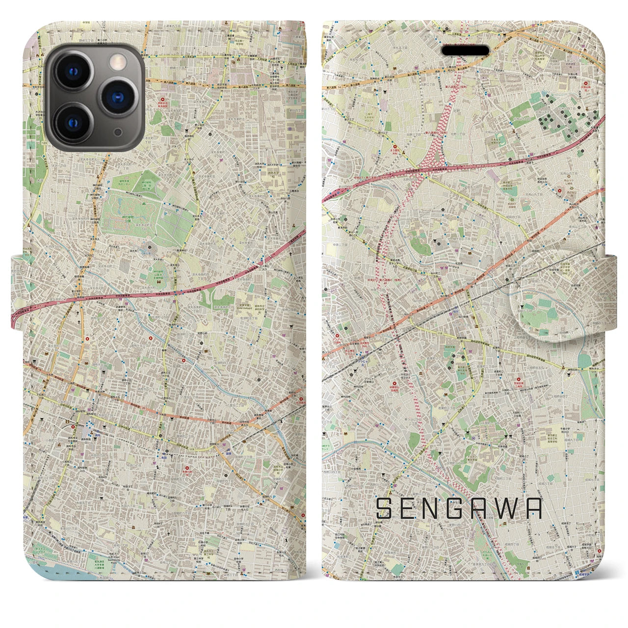 【仙川(東京都)】地図柄iPhoneケース(手帳タイプ)ナチュラル・iPhone 11 Pro Max 用