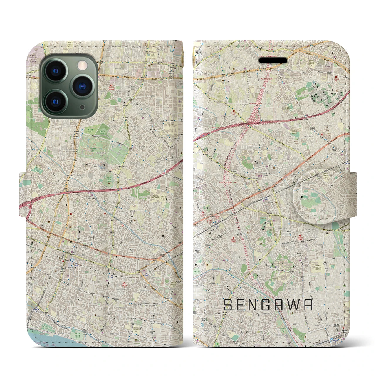 【仙川(東京都)】地図柄iPhoneケース(手帳タイプ)ナチュラル・iPhone 11 Pro 用