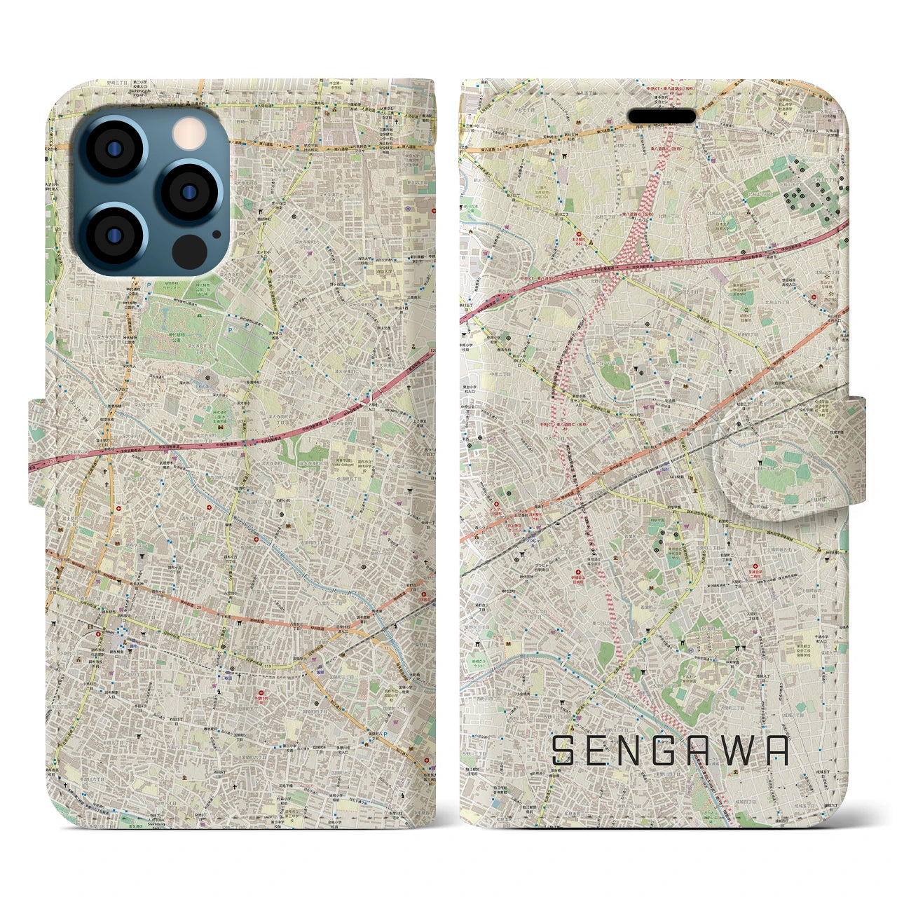 【仙川(東京都)】地図柄iPhoneケース(手帳タイプ)ナチュラル・iPhone 12 / 12 Pro 用