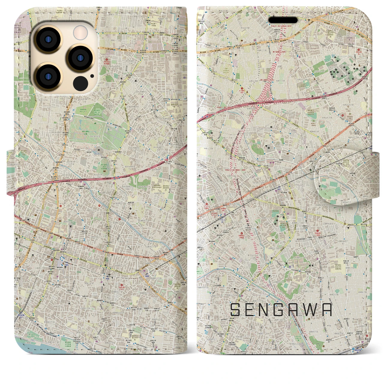 【仙川(東京都)】地図柄iPhoneケース(手帳タイプ)ナチュラル・iPhone 12 Pro Max 用