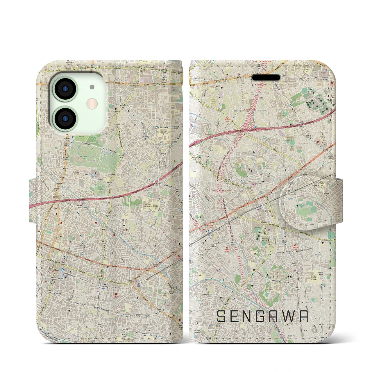 【仙川(東京都)】地図柄iPhoneケース(手帳タイプ)ナチュラル・iPhone 12 mini 用