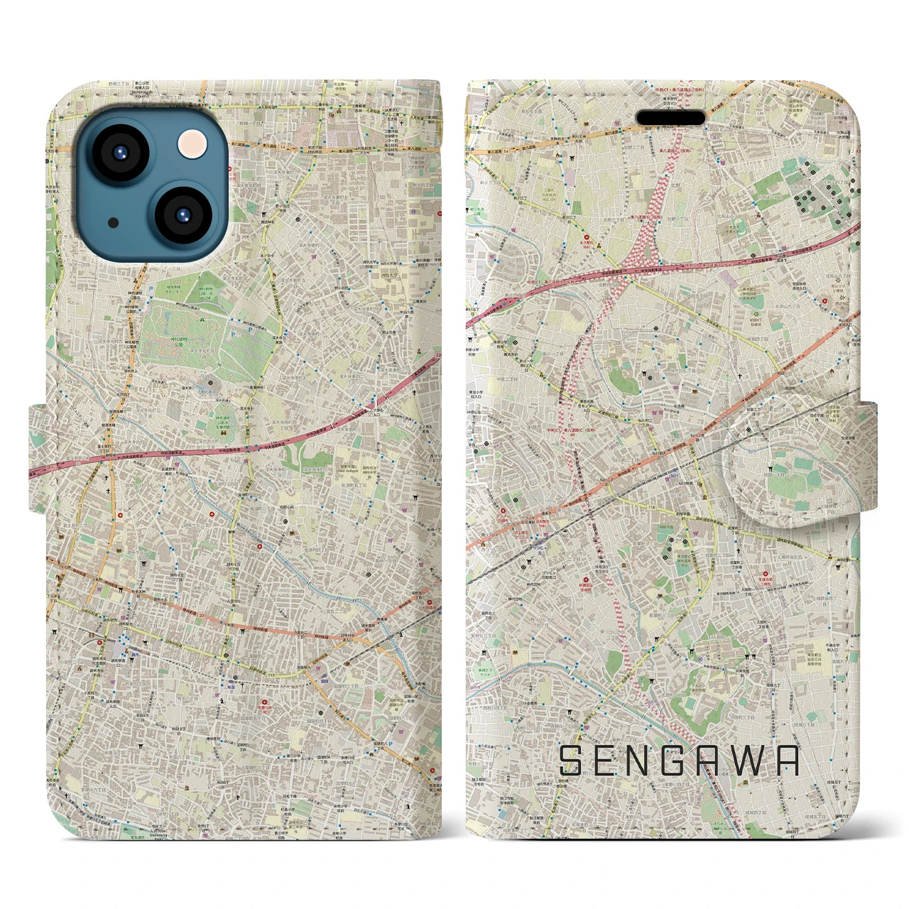 【仙川(東京都)】地図柄iPhoneケース(手帳タイプ)ナチュラル・iPhone 13 用