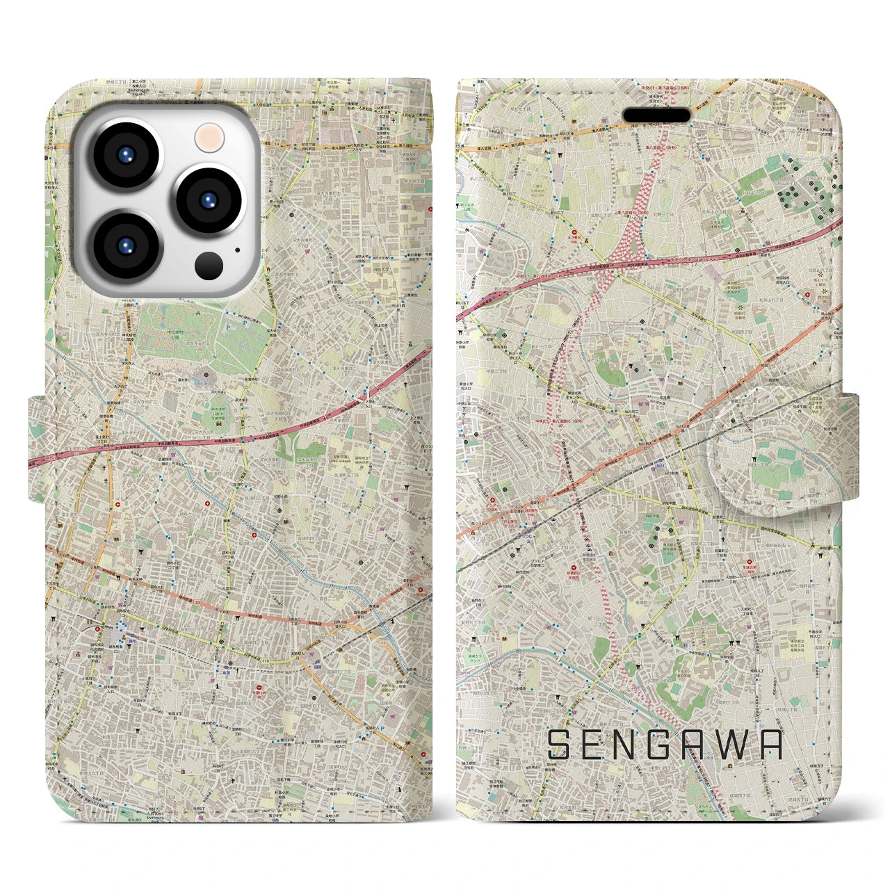 【仙川(東京都)】地図柄iPhoneケース(手帳タイプ)ナチュラル・iPhone 13 Pro 用