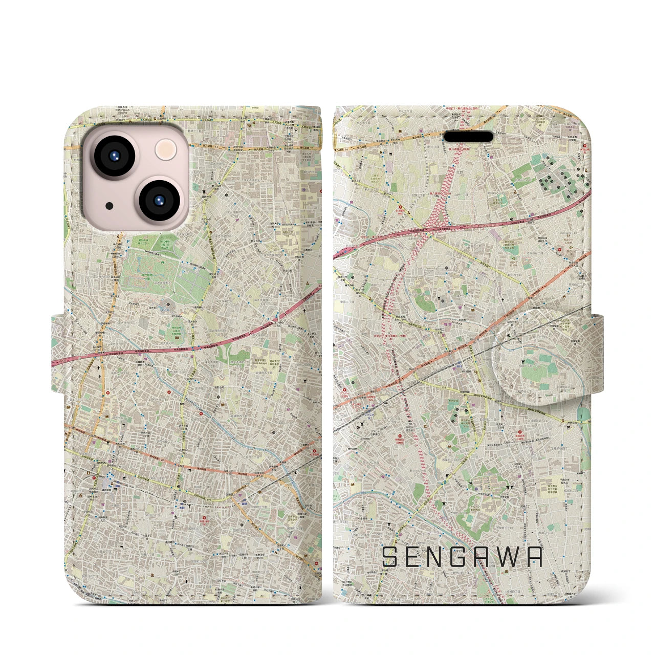 【仙川(東京都)】地図柄iPhoneケース(手帳タイプ)ナチュラル・iPhone 13 mini 用