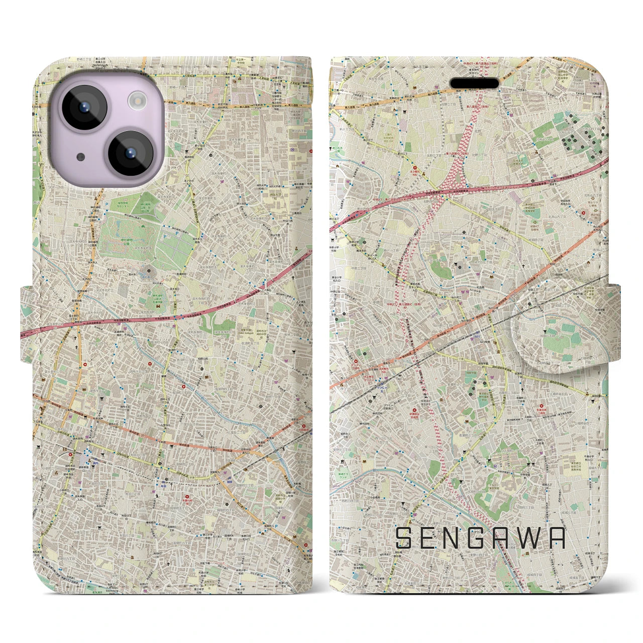 【仙川(東京都)】地図柄iPhoneケース(手帳タイプ)ナチュラル・iPhone 14 用