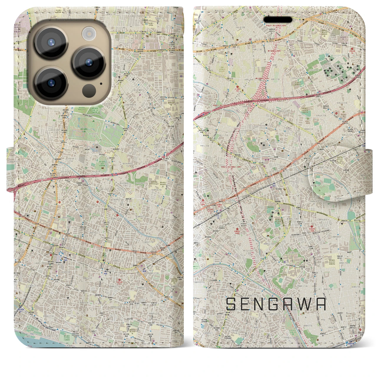 【仙川(東京都)】地図柄iPhoneケース(手帳タイプ)ナチュラル・iPhone 14 Pro Max 用
