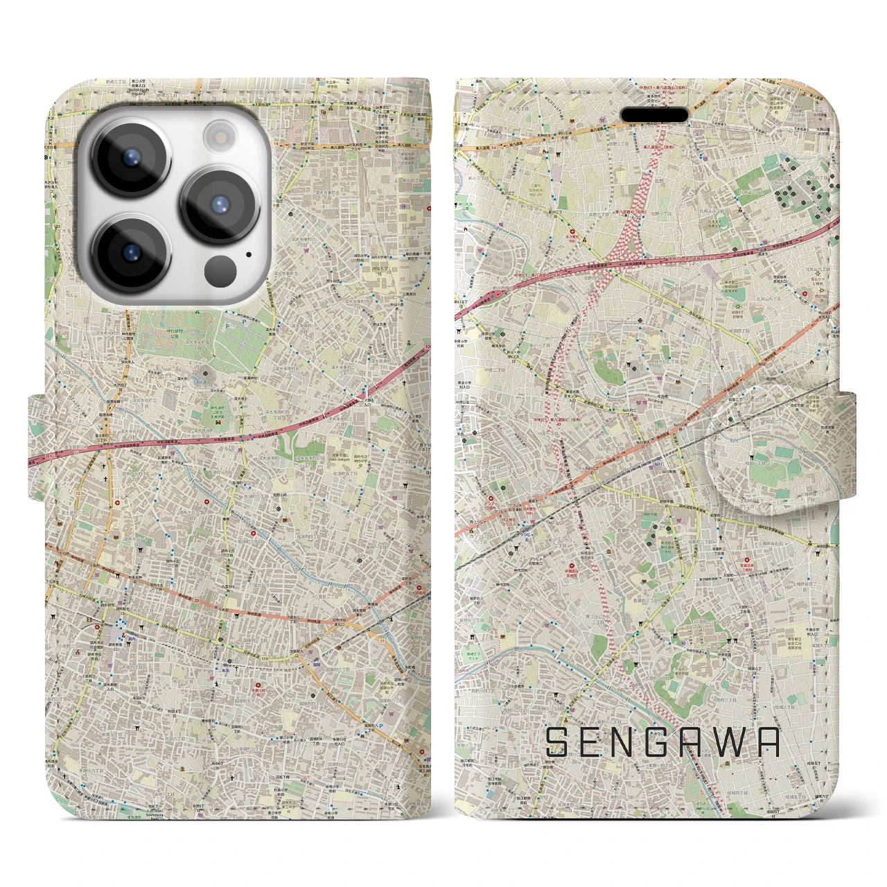 【仙川(東京都)】地図柄iPhoneケース(手帳タイプ)ナチュラル・iPhone 14 Pro 用