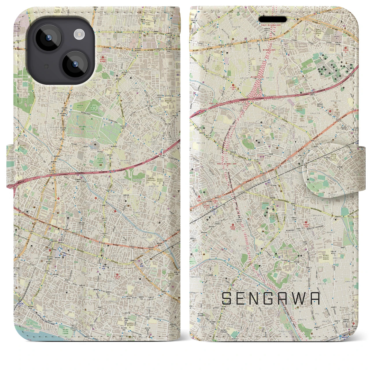 【仙川(東京都)】地図柄iPhoneケース(手帳タイプ)ナチュラル・iPhone 14 Plus 用
