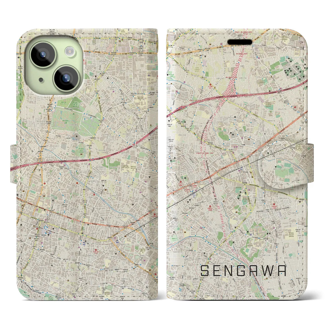 【仙川(東京都)】地図柄iPhoneケース(手帳タイプ)ナチュラル・iPhone 15 用