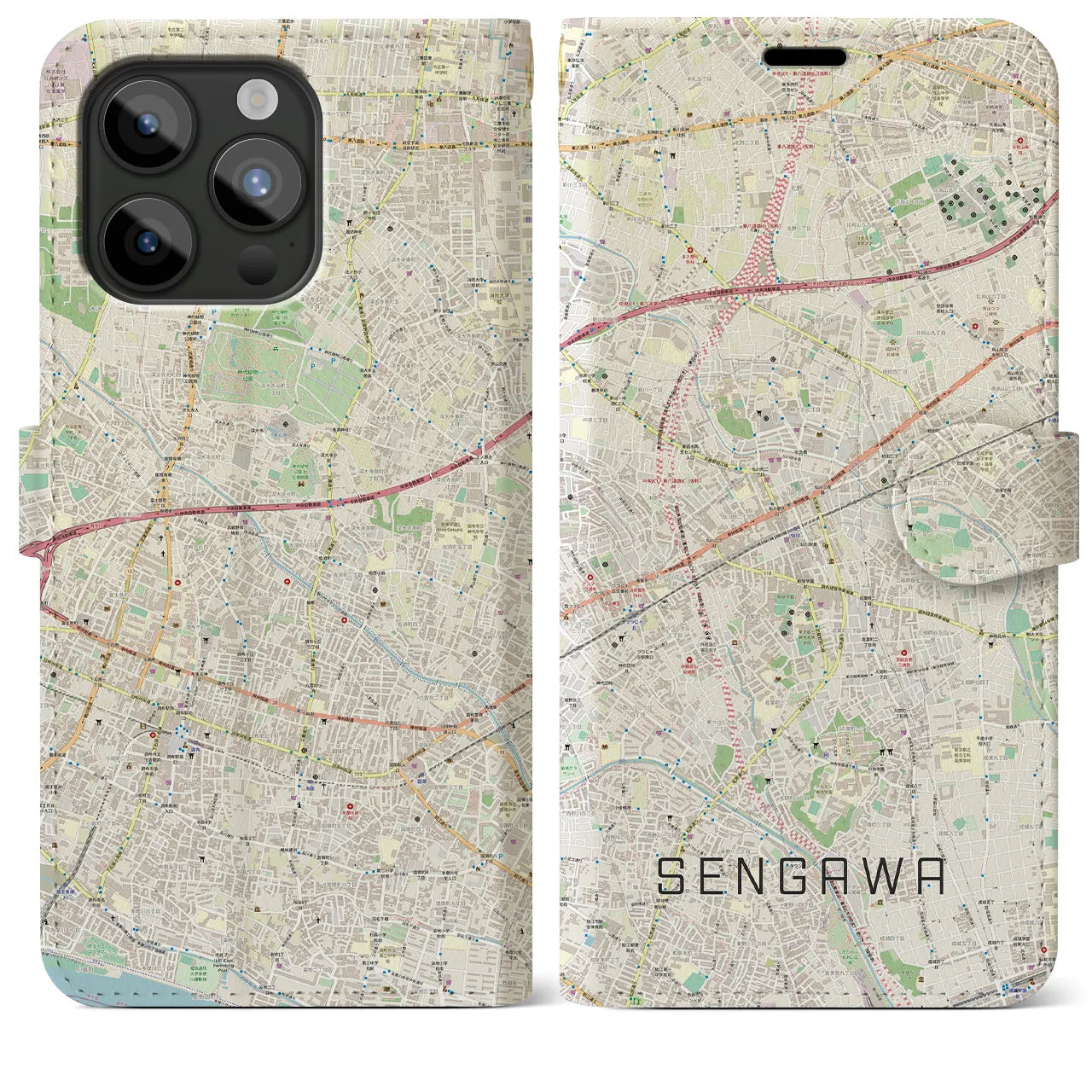 【仙川(東京都)】地図柄iPhoneケース(手帳タイプ)ナチュラル・iPhone 15 Pro Max 用