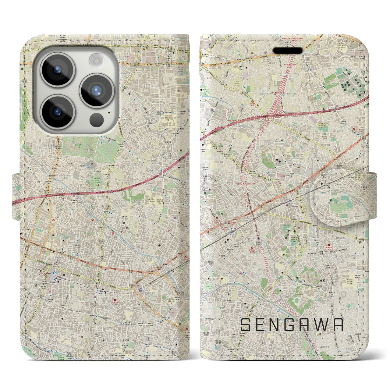 【仙川(東京都)】地図柄iPhoneケース(手帳タイプ)ナチュラル・iPhone 15 Pro 用