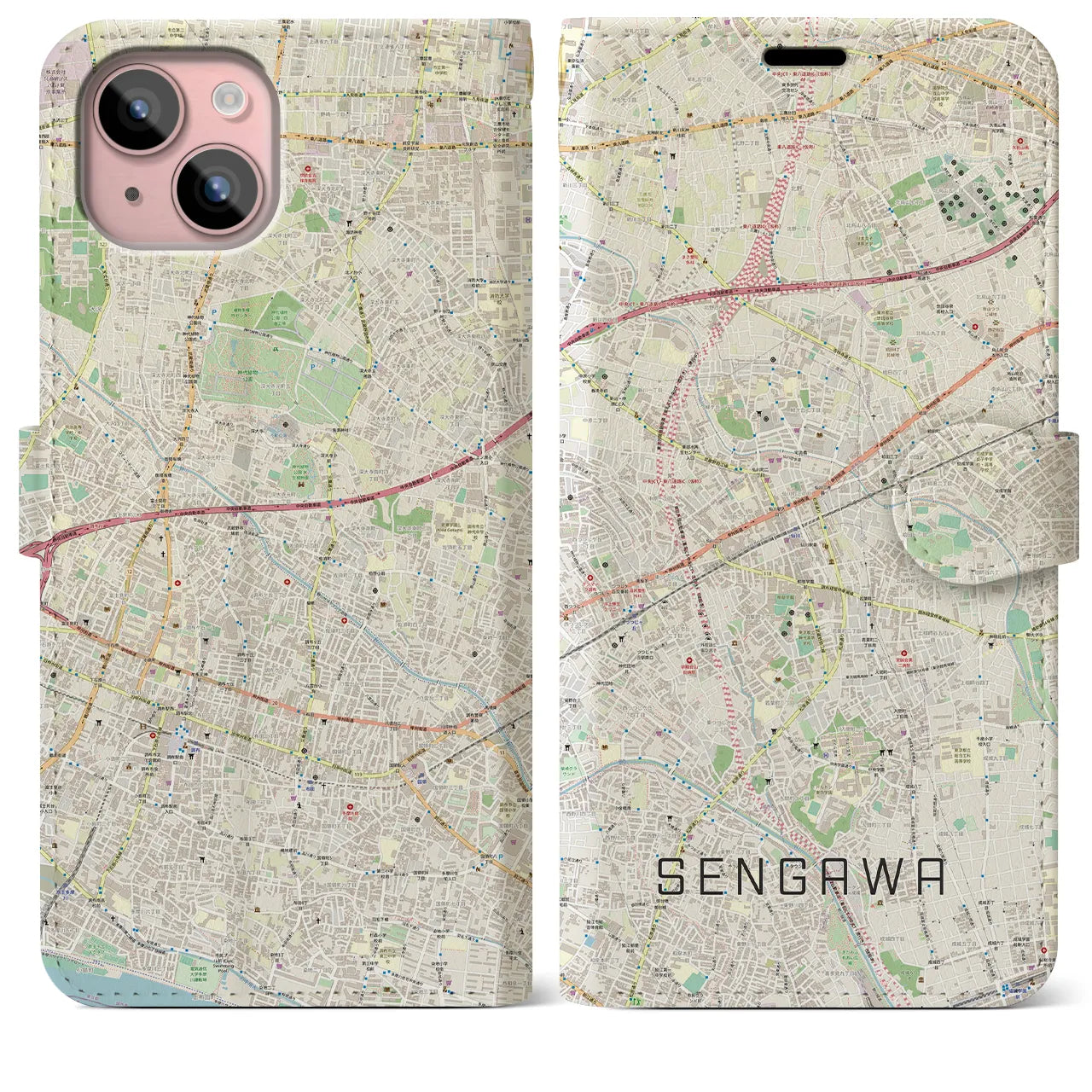 【仙川(東京都)】地図柄iPhoneケース(手帳タイプ)ナチュラル・iPhone 15 Plus 用