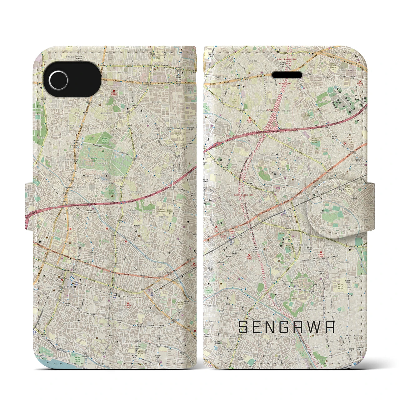 【仙川(東京都)】地図柄iPhoneケース(手帳タイプ)ナチュラル・iPhone SE(第3 / 第2世代) / 8 / 7 / 6s / 6 用
