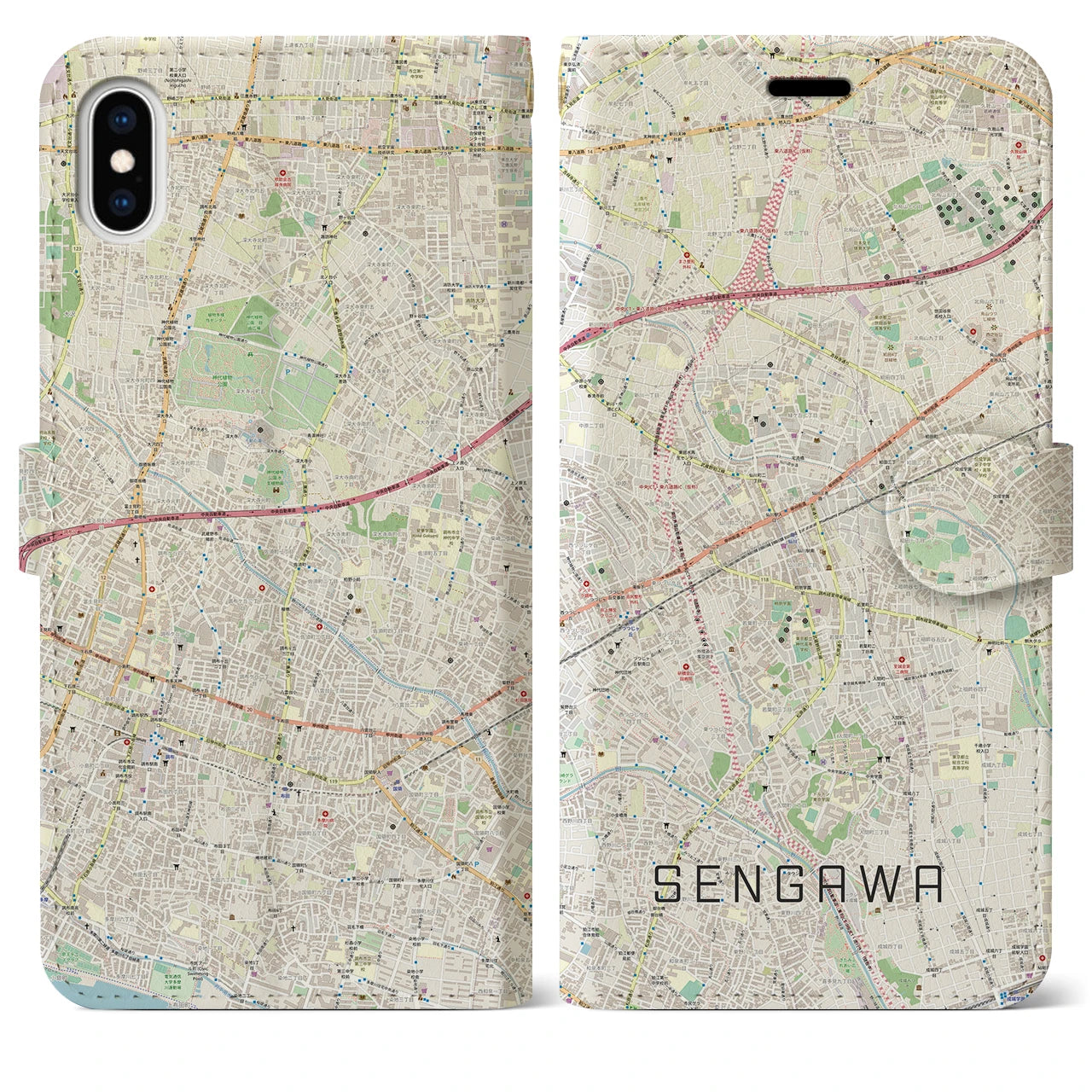 【仙川(東京都)】地図柄iPhoneケース(手帳タイプ)ナチュラル・iPhone XS Max 用