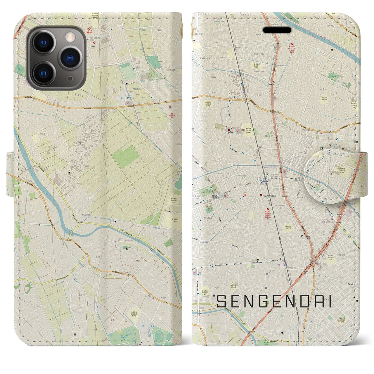 【せんげん台(埼玉県)】地図柄iPhoneケース(手帳タイプ)ナチュラル・iPhone 11 Pro Max 用