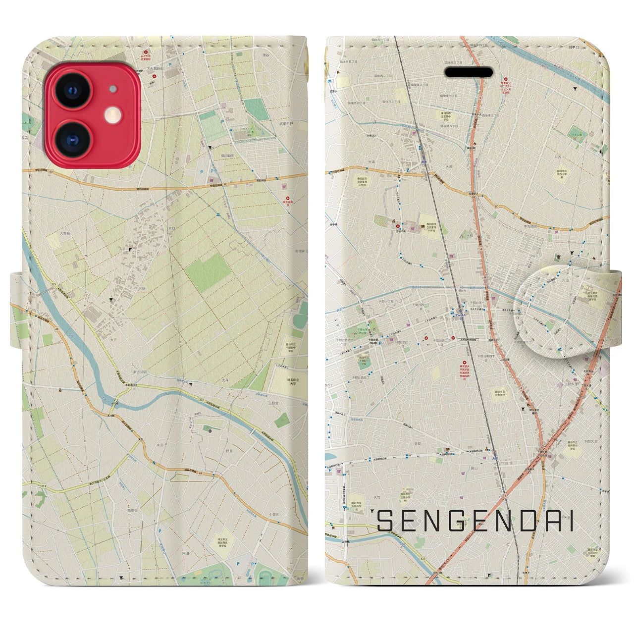 【せんげん台(埼玉県)】地図柄iPhoneケース(手帳タイプ)ナチュラル・iPhone 11 用